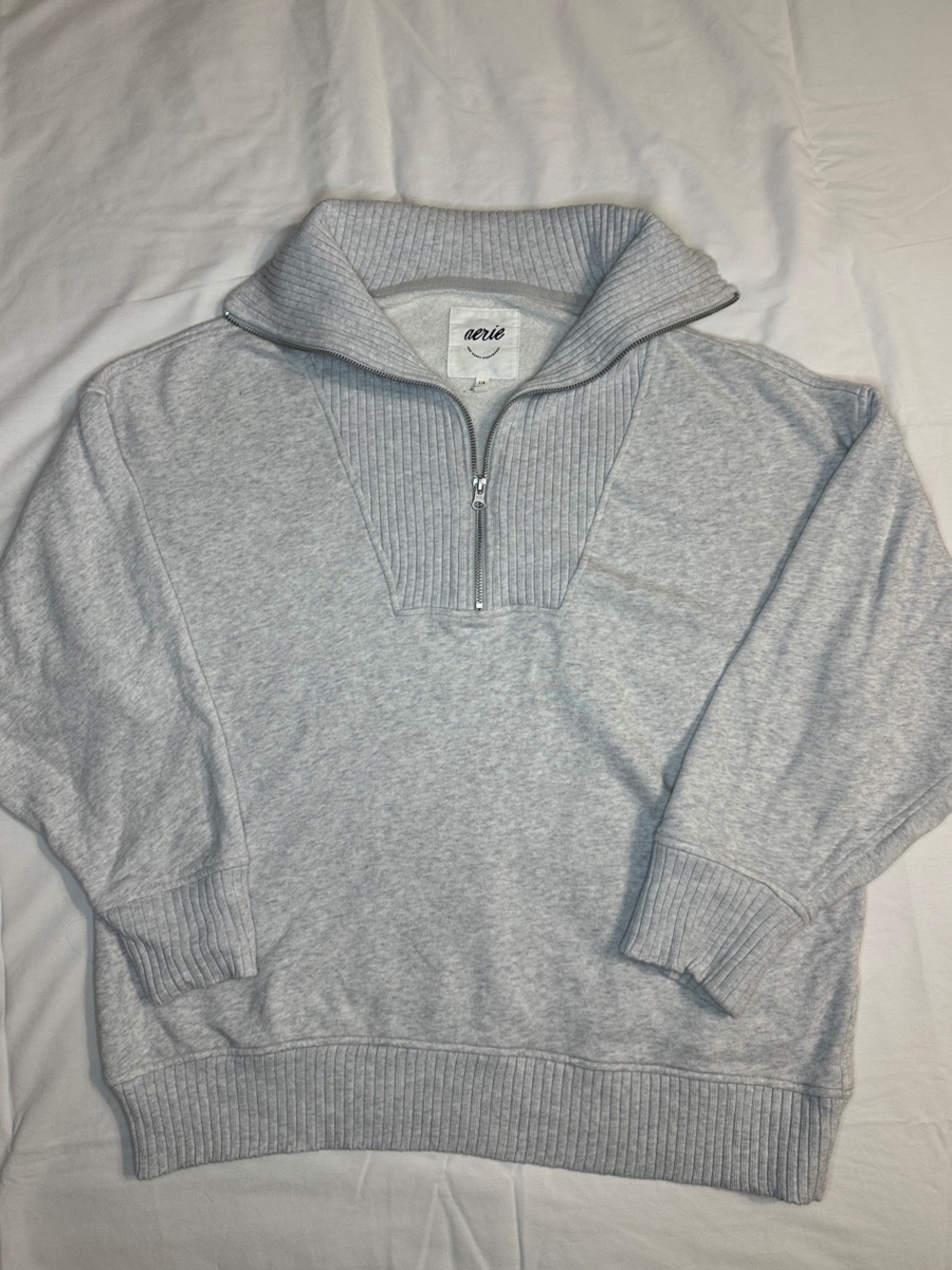 aerie Women’s Light Gray Quarter-Zip Ribbed Collar Sweater oversized- L
